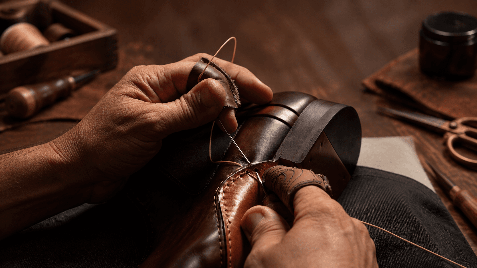 Hand-stitching a leather shoe upper by hand — Luxus International